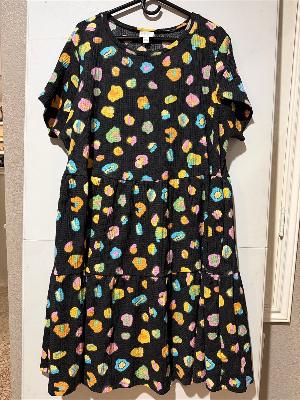 LuLaRoe Ariel Black Tiered Midi Dress with Yellow, Pink, Blue & Green Spots